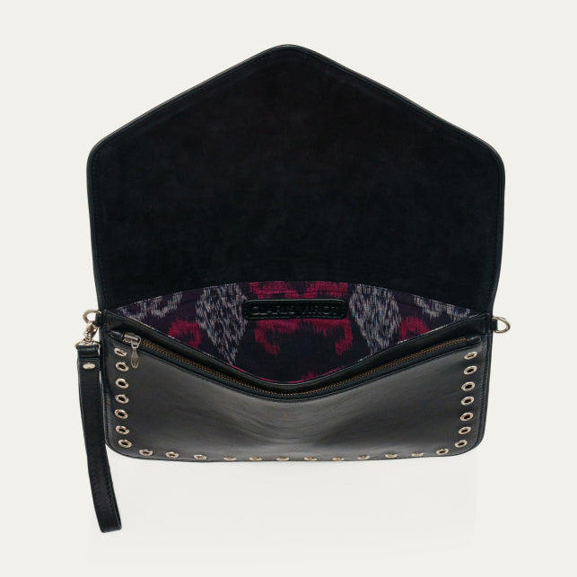 Claris Virot Pochette Cuir Alicia Cuir Nappa Noir Avec Oeilets
