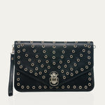 Afbeelding in Gallery-weergave laden, Claris Virot Pochette Cuir Alicia Cuir Nappa Noir Avec Oeilets
