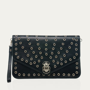 Claris Virot Pochette Cuir Alicia Cuir Nappa Noir Avec Oeilets